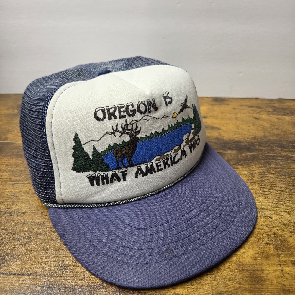 Vintage Oregon Is What America Was Elk Deer Graphic Trucker Hat Mesh Snapback